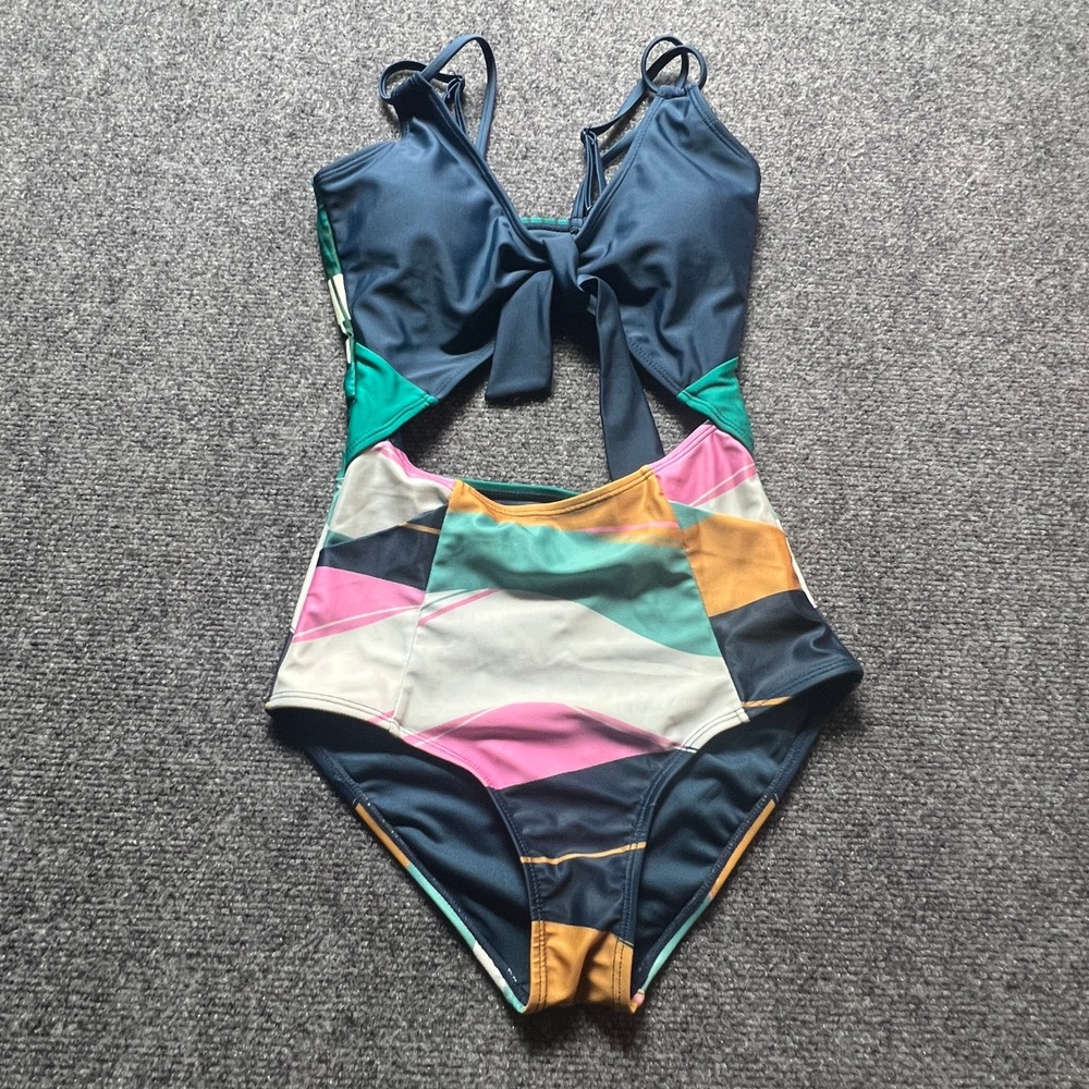 Nani Swimwear Womens XS Cutout One Piece Swimsuit Tie Front Abstract Geometric